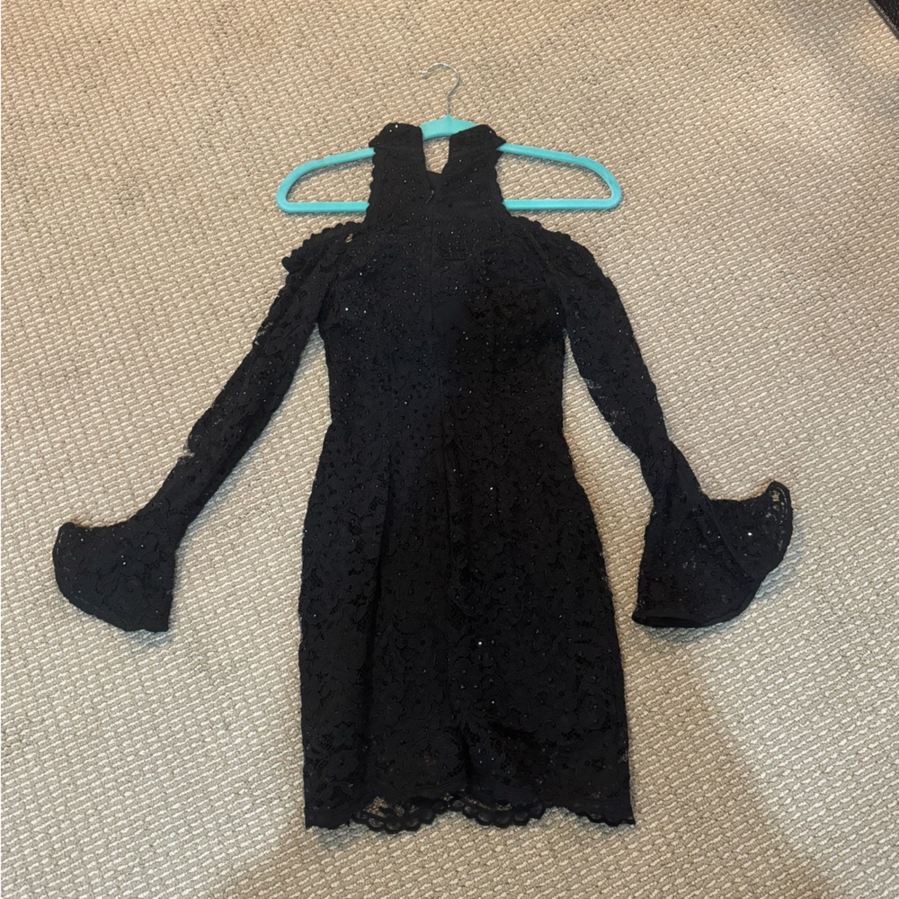 Jovani black lace sequin cold shoulder mini dress SZ 2